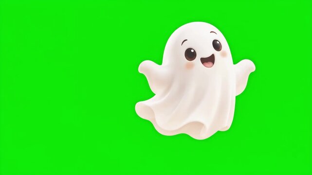 Cute friendly white ghost floating on green screen background, cheerful Halloween character animation for chroma key compositing