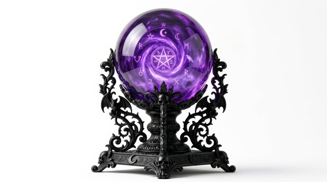 A mystical purple crystal ball with a glowing pentagram symbol resting on an ornate black gothic stand against a clean white background