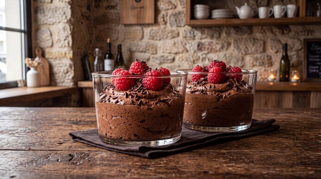 Two chocolate mousse desserts topped with fresh raspberries in a cozy setting