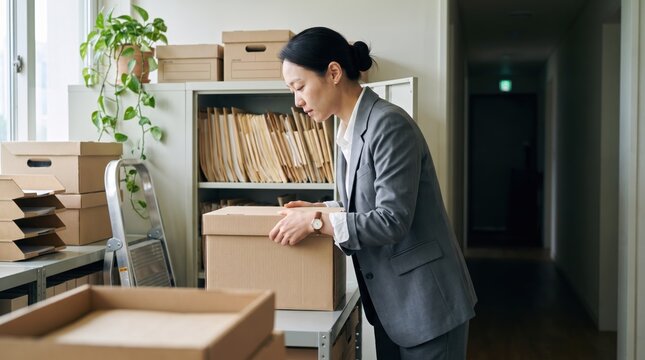 Generative AI, Asian businesswoman carrying cardboard box while organizing office archive