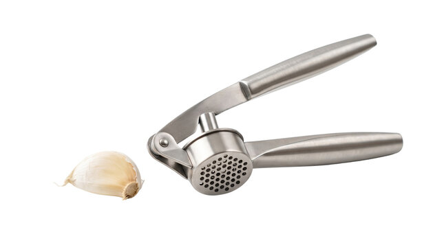 Stainless steel garlic press with fresh clove on white background