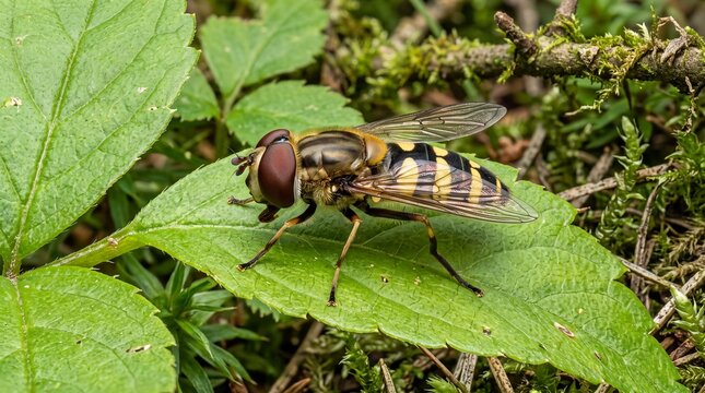 Close-up of a hoverfly resting on a green leaf in natural habitat