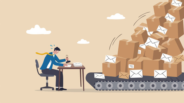 Unscalable manual process growth ceiling concept worker furiously stamping single paper envelopes by hand while endless conveyor belt piles up boxes clean minimal flat vector illustration