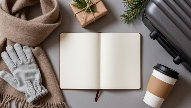 christmas travel essentials including suitcase coffee cup notebook scarf gloves gift box festive winter holiday accessories for 2024 shopping and planning