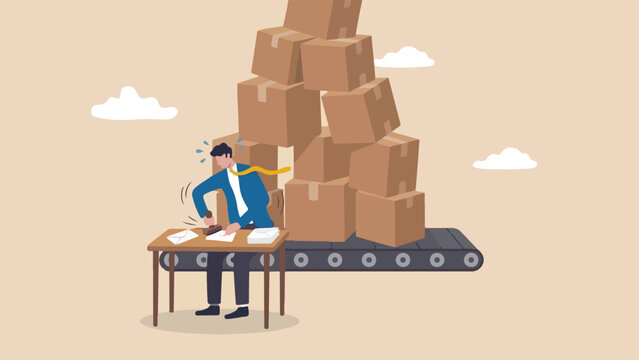 Unscalable manual process growth ceiling concept worker furiously stamping single paper envelopes by hand while endless conveyor belt piles up boxes clean minimal flat vector illustration1