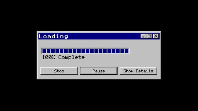 Retro computer loading window with blue progress bar filling to 100 percent, pixel style seamless loop animation
