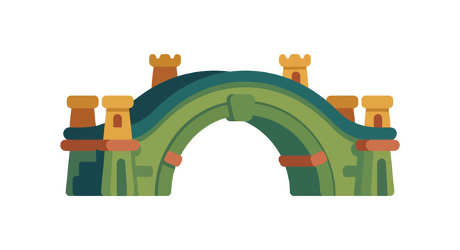 Stone bridge with turrets is depicted in a flat vector illustration on a white background