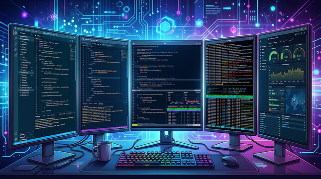 Futuristic workstation with multi-monitor setup displaying coding interfaces and analytics