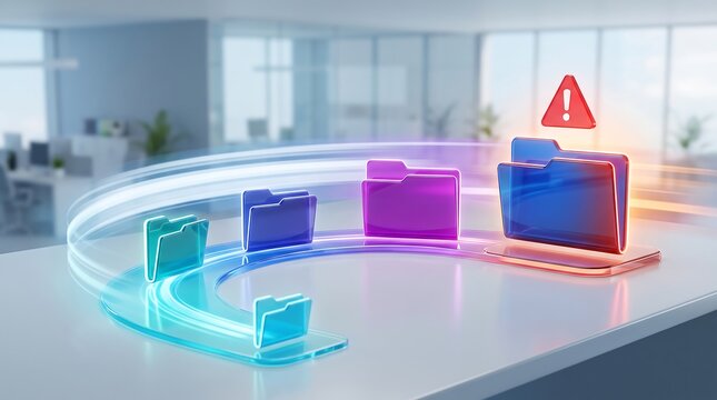 Digital file management system with colored folders and red warning icon on a glowing path representing critical data issues or security alerts in office environment 3d render