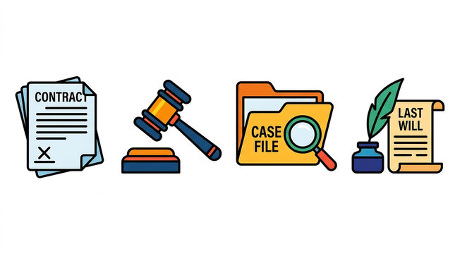 Legal law icons with gavel contract case file and last will