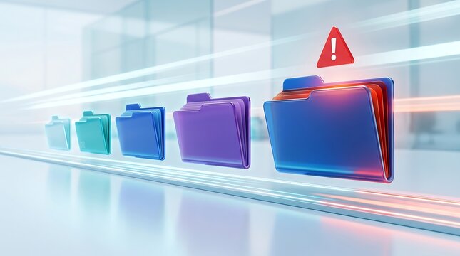 Sequence of colored digital file folders with a red warning alert icon moving along a glowing track representing system errors in a modern office environment 3d render illustration