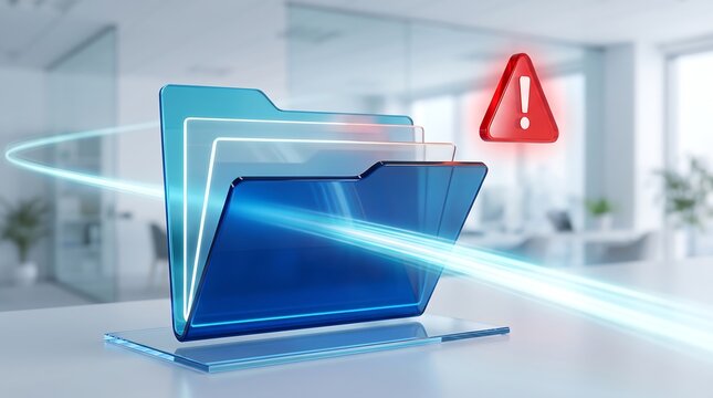 Digital blue folder with multiple layers and a red warning triangle icon highlighting a file corruption or security alert in a professional office setting 3d render illustration