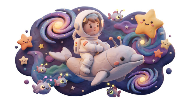3D render of a cute miniature clay astronaut child riding a robotic dolphin toy, isolated on white background