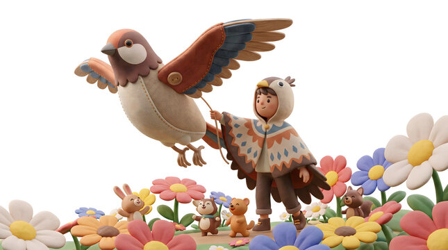 3D render of a cute miniature clay child guiding a giant toy bird sculpture, isolated on white background