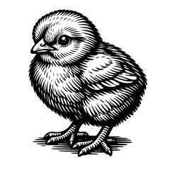 Fototapeta premium Black and White Engraved Illustration of a Cute Fluffy Chick with Detailed Feather Textures, Standing on a Shadowed Ground in a Classic Woodcut Style, Perfect for Embroidery, Stamps, and Farm Animal A
