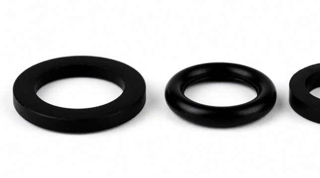 Two black rubber O-rings lie on white background. Circular gaskets serve as essential mechanical seals for industrial equipment. Durable components prevent leaks in plumbing automotive systems. Small