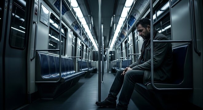 Lonely Sad Man Sitting Alone in Empty Subway Train Carriage at Night