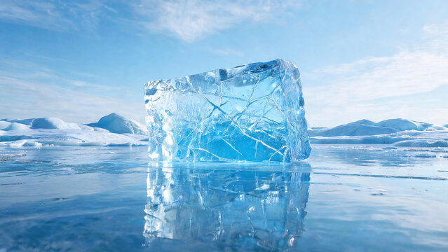 A large, clear blue ice block rests on a reflective icy surface in a bright arctic landscape under a partly cloudy sky.