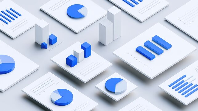 Statistical analysis concept, geometric data charts arranged on floating documents, subtle shadows, modern 3D illustration. 
