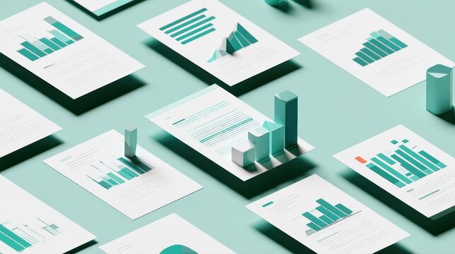 Statistical analysis concept, geometric data charts arranged on floating documents, subtle shadows, modern 3D illustration. 
