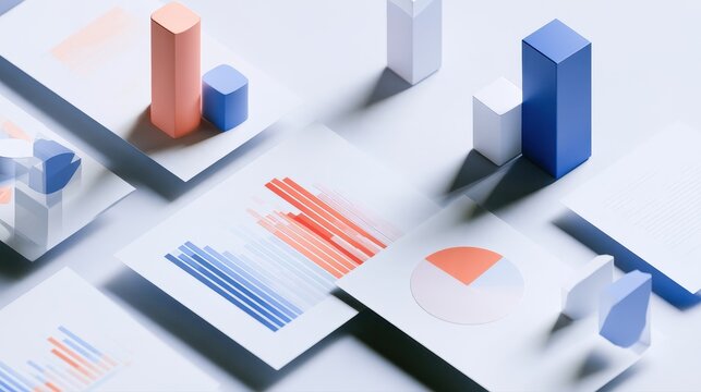 Statistical analysis concept, geometric data charts arranged on floating documents, subtle shadows, modern 3D illustration. 