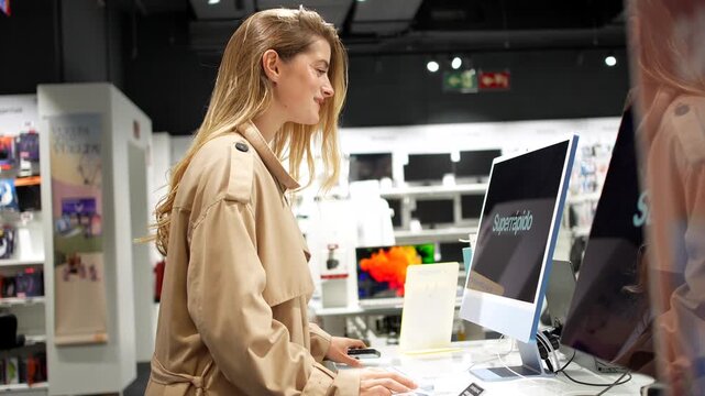 Young female customer thoughtfully browsing and testing a new all in one desktop computer, making a purchase decision in a modern electronics retail store with various devices on display