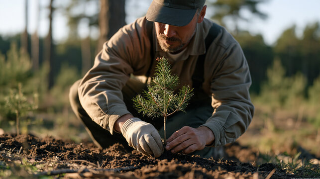 Belarusian forester planting saplings in cleared woodland section, systematic reforestation effort, environmental restoration, tree planting labor, sustainable land management,