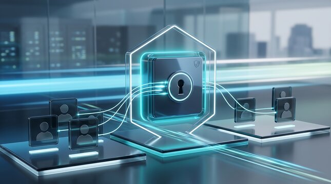 Digital identity security concept featuring a protected central chip with a padlock icon connected to multiple user profile avatars in a secure virtual network environment for data privacy protection