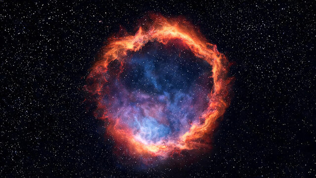 A glowing supernova remnant forms a fiery ring in deep space, surrounded by countless distant stars. This cosmic structure marks the explosive death of a massive star.