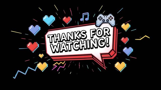 Thanks for Watching Gaming Outro Screen with Pixel Hearts and Controller