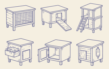 Set of hand drawn purple line art animal coops and hutches on light background © Iman