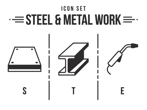 Steel and Metal Work Vector Icon Set with I-Beam and Welding Torch