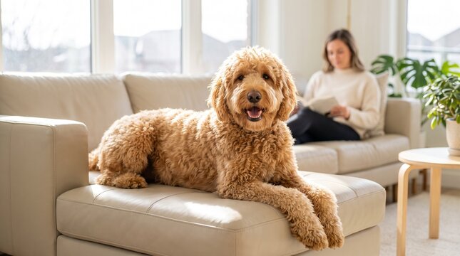 Happy Golden Doodle dog relaxes on a comfortable sofa in a bright living room, a woman quietly reads in the background
