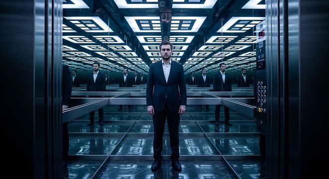 Professional Businessman Standing Alone Inside a Modern Infinity Mirror Elevator Cabin