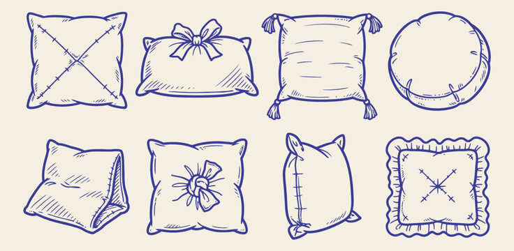 set of decorative pillows and cushions in various shapes with blue outline vector style