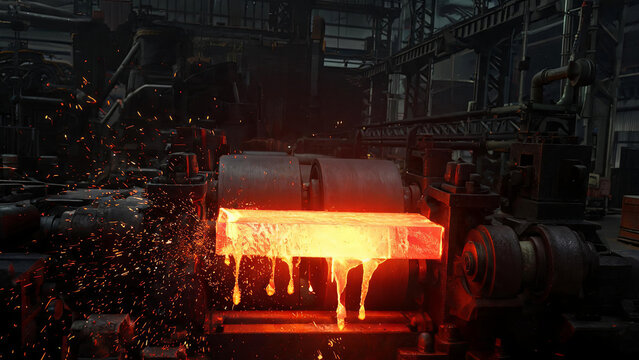 Molten red hot steel billet is being processed through rolling rollers in a steel mill, with sparks flying off.