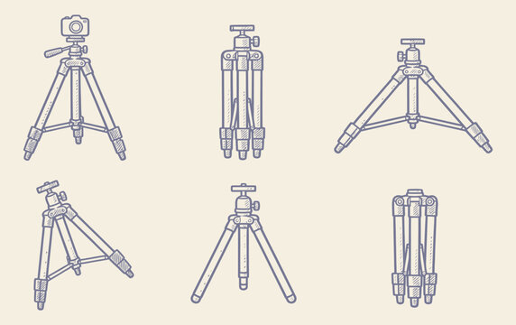 set of camera tripods in different folding positions with blue outline vector style