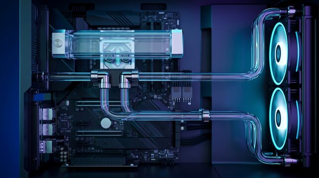 Complex custom water cooling loop with transparent tubing and vibrant light effects inside a high performance computer chassis highlighting professional pc building and thermal design