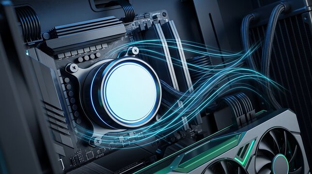 Internal view of a custom desktop computer featuring blue illuminated liquid cooling loop and modern hardware components showcasing advanced thermal engineering and gaming aesthetics