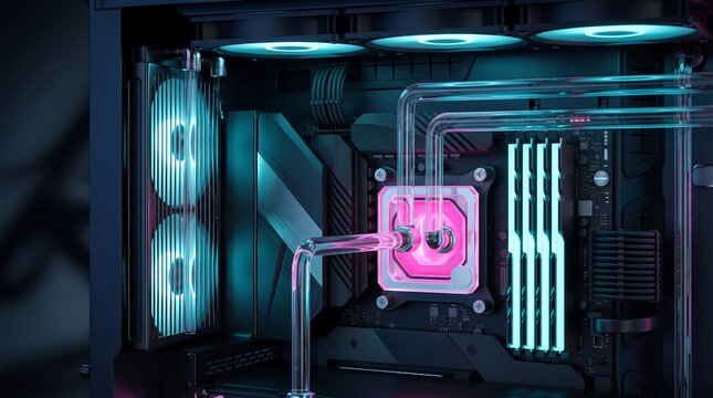 High performance gaming pc build with vibrant magenta liquid cooling loop and illuminated internal hardware components inside clean tempered glass computer case chassis interior view