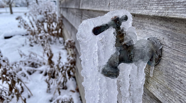 Outdoor spigot covered in heavy ice and long icicles, showing freezing temperatures and potential plumbing issues