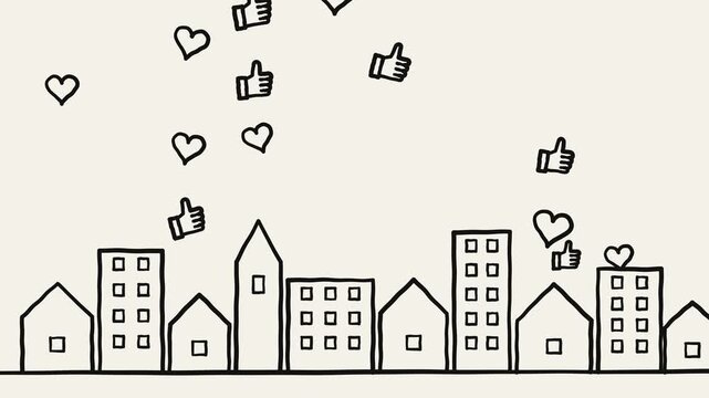Likes and Hearts Rising Above a Hand Drawn Town Skyline