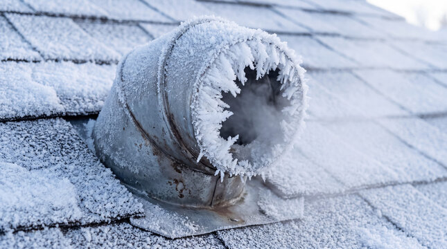 Roof vent covered in hoarfrost and ice crystals with steam escaping during cold winter weather
