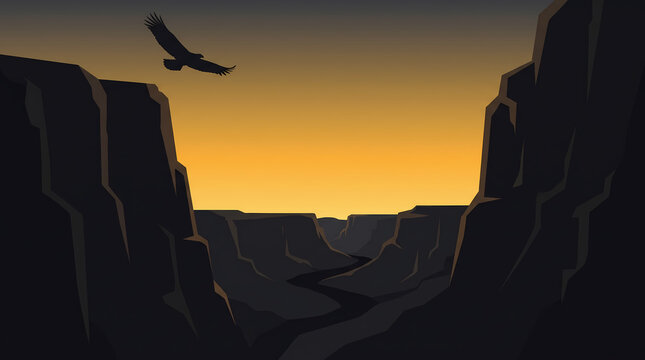 Canyon Valley Sunset Eagle Flying Vector Illustration Background