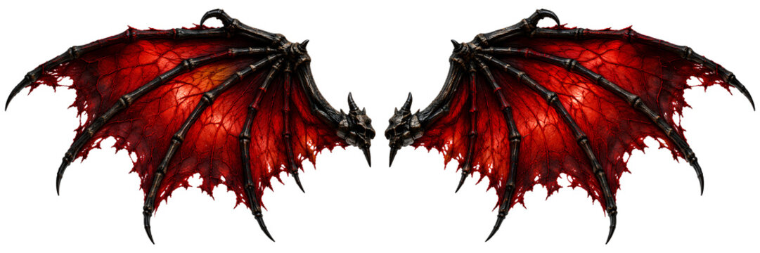 Realistic Dark Red Dragon Wings or Demon Bat Wings Isolated on transparent Background