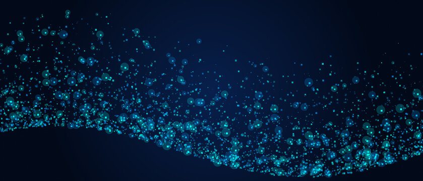 Abstract data flow wave with glowing blue digital particles and small squares for futuristic network technology background.