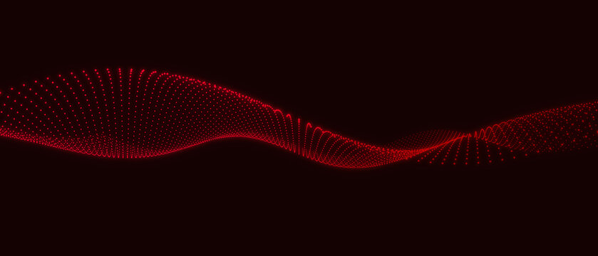 Abstract dynamic wave composed by glowing red dots on black background for medical digital presentation and tech designs.