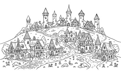Obraz premium Fairy tale medieval village coloring page with castle towers, cottages, hills and detailed landscape scenery