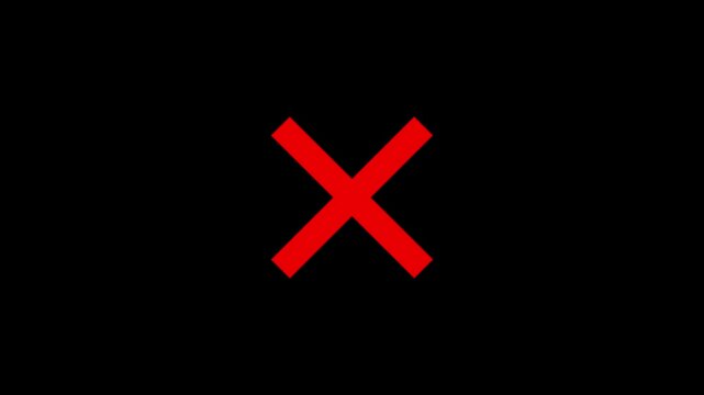 Red cross mark animation. X letter, crossed lines, denial concept, incorrect cross icon animated red x mark for error or rejection. 4K video