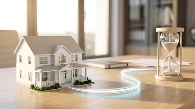 Small model white house sitting on wooden desk next to sand hourglass with glowing digital light trail representing fast home loan approval process and real estate mortgage timeline